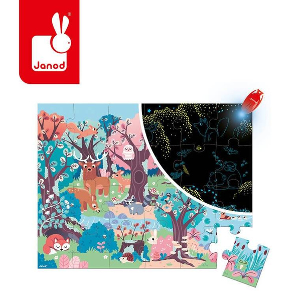 Świecące puzzle z mini-lampką UV Las 24 elementy 3+, Janod