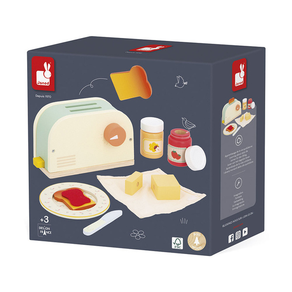 Drewniany zestaw śniadaniowy z tosterem i 12 akcesoriami, 3 lata+, Janod