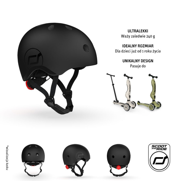 Zestaw: Scoot and Ride Kask dla dzieci 1-5 lat rozm. XXS-S, kolor: Black (czarny) + ochraniacze rozm. XXS