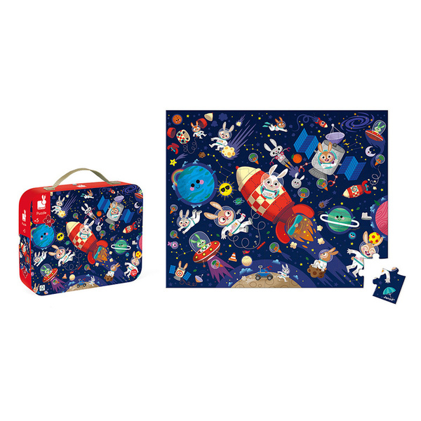Puzzle w walizce Rakieta kosmiczna, 54 elementy, dla dzieci, 5 lat+, Janod
