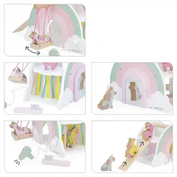 Drewniany domek jednorożców z 5 akcesoriami - zestaw dla dzieci 18m+, Janod