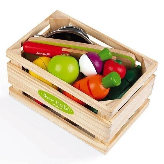 Drewniana skrzynka z warzywami i owocami do krojenia oraz akcesoriami 23 elementy, Janod