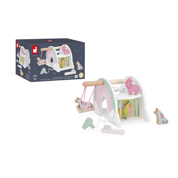 Drewniany domek jednorożców z 5 akcesoriami - zestaw dla dzieci 18m+, Janod