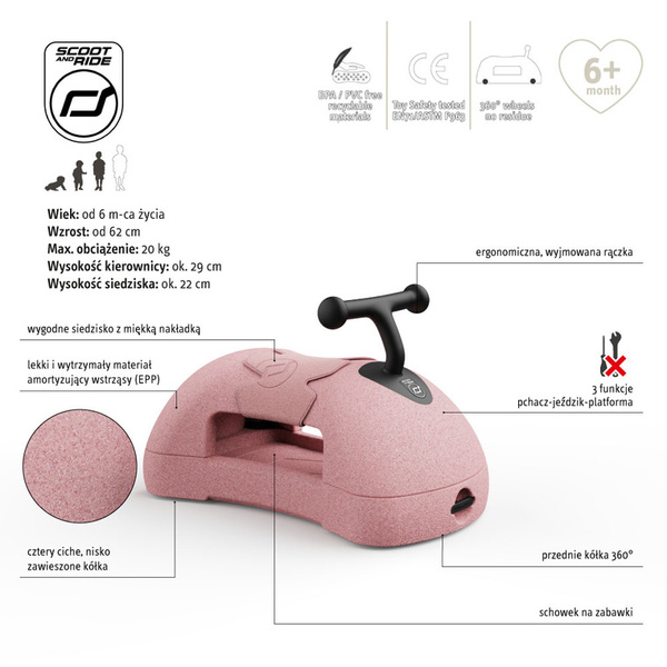 Scoot and Ride My First 3w1 pchacz, jeździk i deska na kółkach dla dzieci 6 m+, kolor: Rose