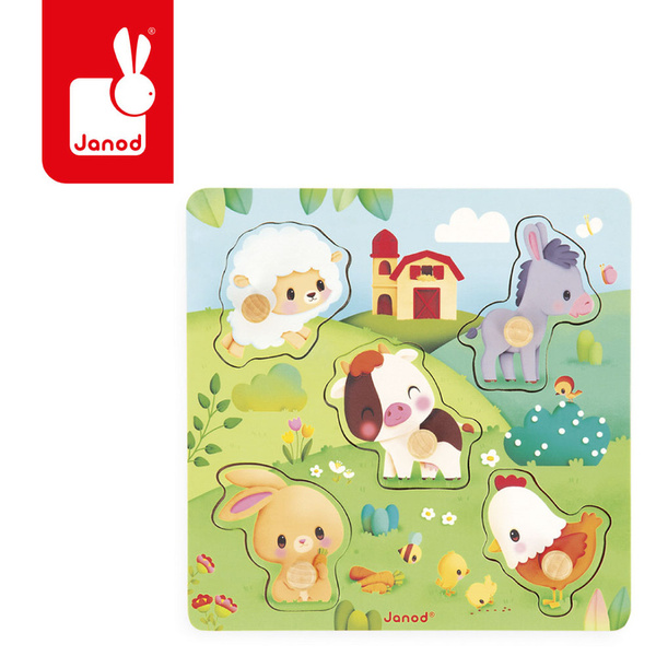 Puzzle sensoryczne - układanka drewniana Farma, 6 elementów, 18 m+, Janod