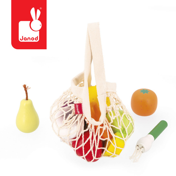 Zestaw drewnianych warzyw i owoców w siatce, dla dzieci, 3 lata+, Janod