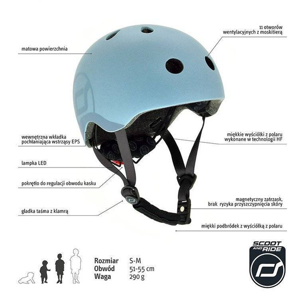Zestaw: Scoot and Ride HK5 Hulajnoga dla dzieci 5+ trójkołowa z kółkami LED, kolor: Steel + kask rozm. S-M