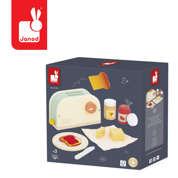 Drewniany zestaw śniadaniowy z tosterem i 12 akcesoriami, 3 lata+, Janod