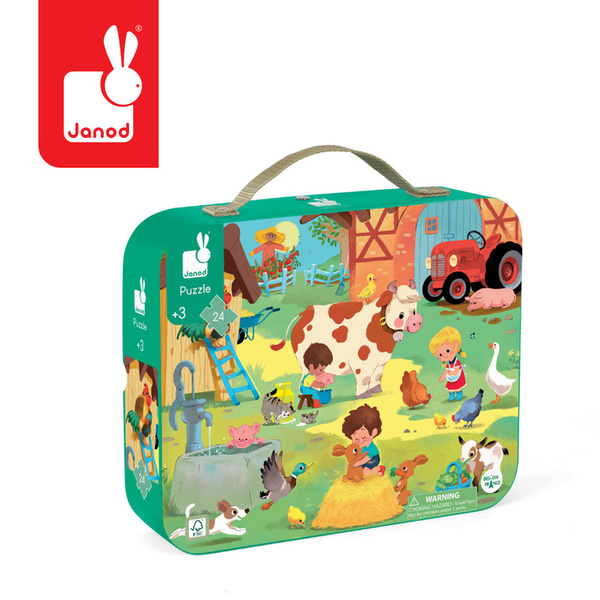 Puzzle w walizce Dzień na farmie, 24 elementy, dla dzieci, 3 lata+, Janod
