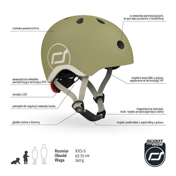 Zestaw: Scoot and Ride Kask dla dzieci 1-5 lat rozm. XXS-S, kolor: Olive + ochraniacze rozm. XXS, kolor: Black