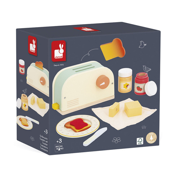 Drewniany zestaw śniadaniowy z tosterem i 12 akcesoriami, 3 lata+, Janod