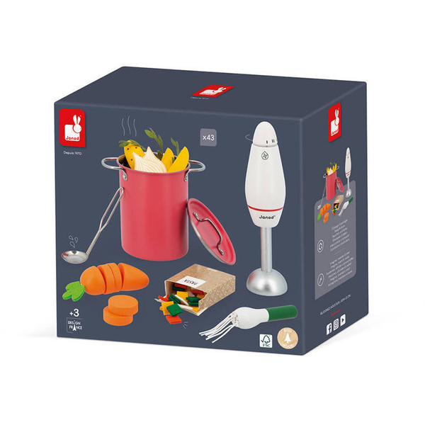 Zestaw do gotowania zupy z drewnianym blenderem i akcesoriami 3+, Janod