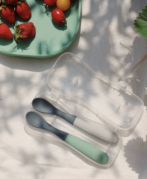 Zestaw 2 łyżeczek silikonowych w podróżnym etui 4 m+ Mineral grey/Sage green, Beaba