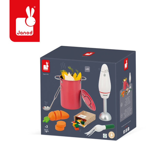 Zestaw do gotowania zupy z drewnianym blenderem i akcesoriami 3+, Janod