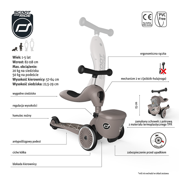 Scoot and Ride HK1 Lifestyle 2w1 jeździk i hulajnoga dla dzieci 1-5 lat, kolor: Brown Lines