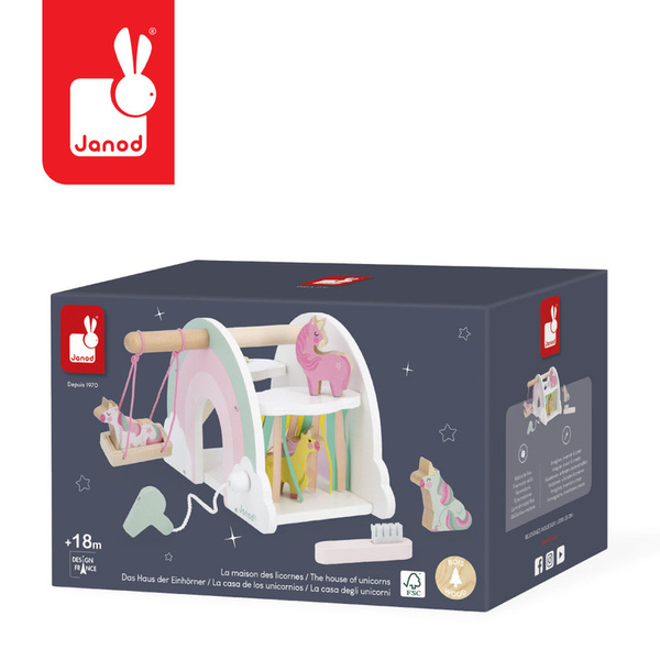 Drewniany domek jednorożców z 5 akcesoriami - zestaw dla dzieci 18m+, Janod