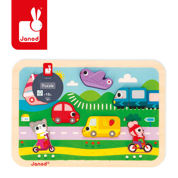 Puzzle drewniane 3D Pojazdy 7 elementów dla dzieci 18 m+, Janod