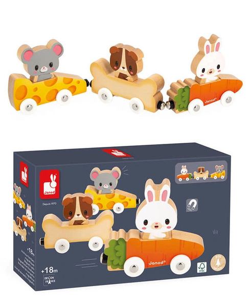 Magnetyczne drewniane pojazdy z domowymi zwierzątkami Farma 18 m+, Janod