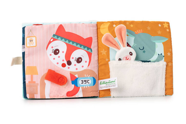 Miękka książeczka aktywizująca z mini-komforterem „Joe i jego przytulanka” 12 m+, Lilliputiens