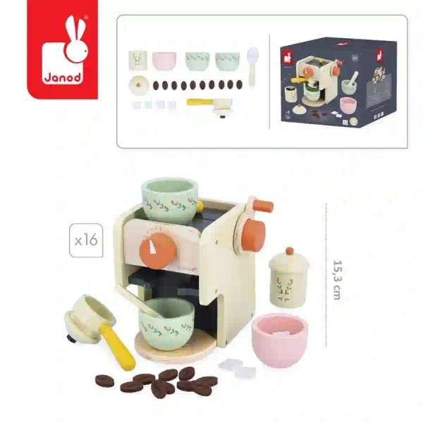 Drewniany ekspres ciśnieniowy do kawy z akcesoriami, dla dzieci, 3+, Janod