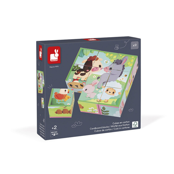 Klocki drewniane - układanka 6w1 kostki, 9 el. Farma, 2 lata+, Janod 