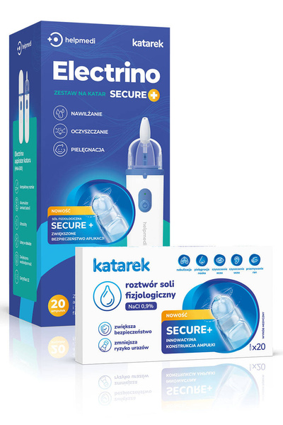 Zestaw Electrino Secure+: Elektryczny aspirator kataru HelpMedi Electrino oraz sól fizjologiczna Katarek Secure+