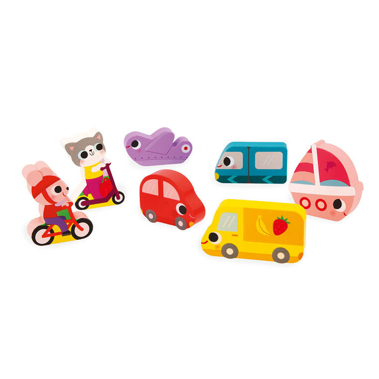 Puzzle drewniane 3D Pojazdy Janod – rozwój dziecka, motoryka, edukacja