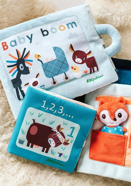 Miękka książeczka aktywizująca z mini - przytulankami „Baby boom” Farma 18 m+, Lilliputiens