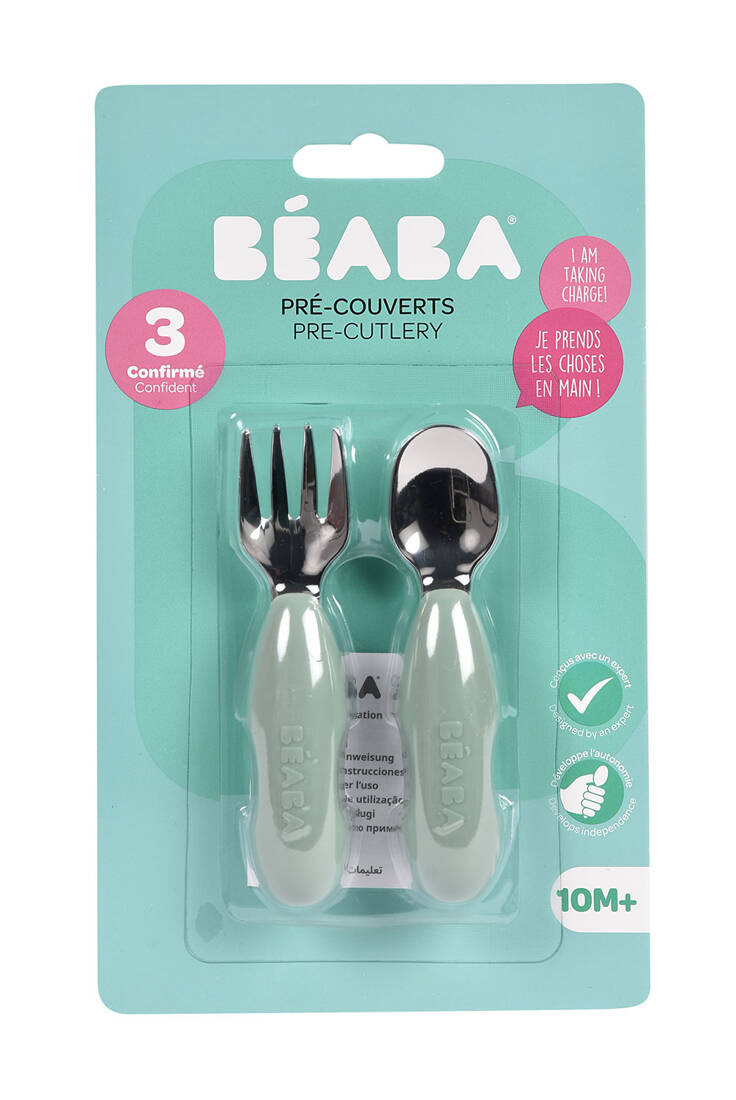 Zestaw pierwszych sztućców Beaba Sage green 10m+ - ergonomiczne sztućce dla dzieci