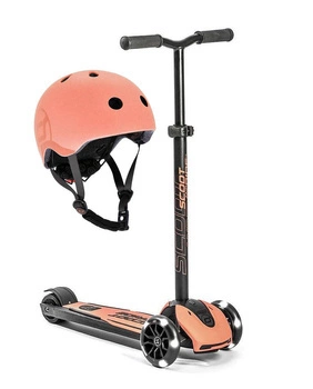 Zestaw: Scoot and Ride Highwaykick 5 LED Hulajnoga trójkołowa balansowa ze świecącymi kółkami 5+, kolor: Peach + kask S-M, kolor: Peach