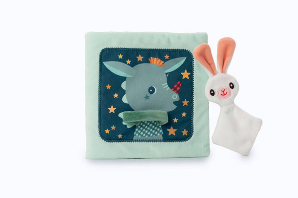 Miękka książeczka aktywizująca z mini-komforterem „Joe i jego przytulanka” 12 m+, Lilliputiens