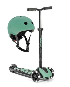 Zestaw: Scoot and Ride HK5 Hulajnoga dla dzieci 5+ trójkołowa z kółkami LED, kolor: Forest + kask rozm. S-M
