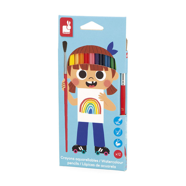 Zestaw kreatywny - Kredki akwarelowe z pędzelkiem 12 kolorów 3 lata+, Janod