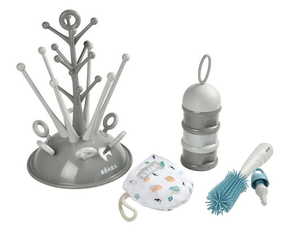 zestaw prezentowy dla noworodka (suszarka i szczotka do butelek, śliniak, pojemniki na mleko), Beaba