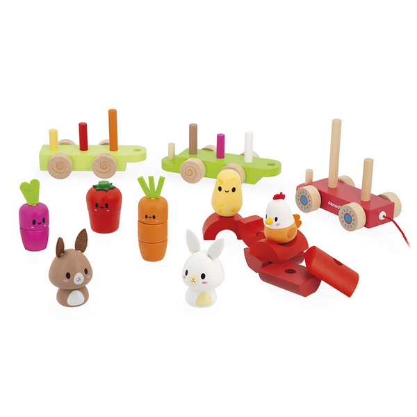 Zestaw drewniane klocki - pociąg z figurkami Farma, dla dzieci, 12 m+, Janod