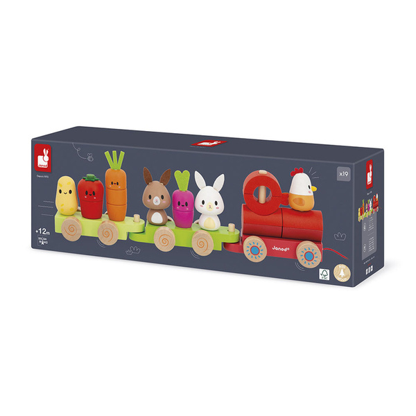 Zestaw drewniane klocki - pociąg z figurkami Farma, dla dzieci, 12 m+, Janod