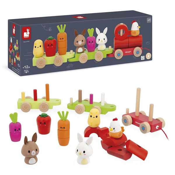 Zestaw drewniane klocki - pociąg z figurkami Farma, dla dzieci, 12 m+, Janod