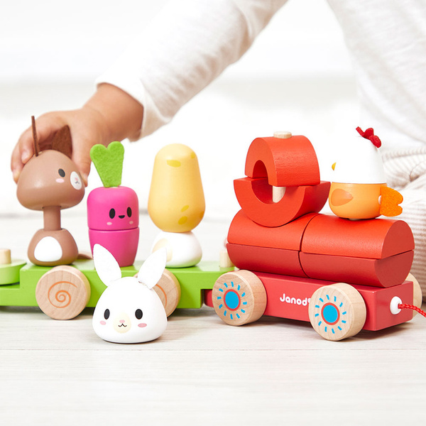 Zestaw drewniane klocki - pociąg z figurkami Farma, dla dzieci, 12 m+, Janod