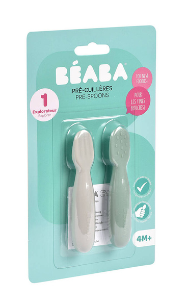 Zestaw 2 silikonowych łyżeczek-gryzaków Sage green/velvet grey 4 m+, Beaba