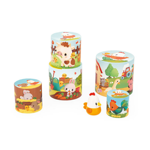 Piramida wieża Farma Kurka 6 elementów - zabawka dla dzieci 12 m+, Janod