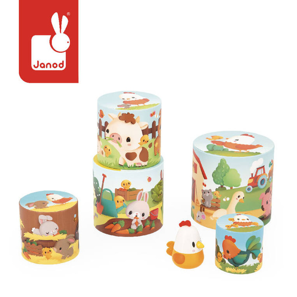 Piramida wieża Farma Kurka 6 elementów - zabawka dla dzieci 12 m+, Janod