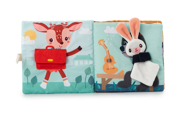 Miękka książeczka aktywizująca z mini-komforterem „Joe i jego przytulanka” 12 m+, Lilliputiens