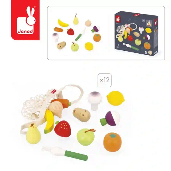 Zestaw drewnianych warzyw i owoców w siatce, dla dzieci, 3 lata+, Janod