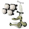 Zestaw: Scoot and Ride HK1 2w1 jeździk i hulajnoga dla dzieci 1-5 lat, kolor: Olive + ochraniacze XXS, kolor: Ash