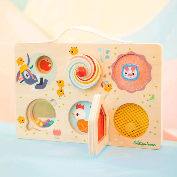 Drewniana tablica manipulacyjna, walizka Farma dla dzieci 12 m+, Lilliputiens