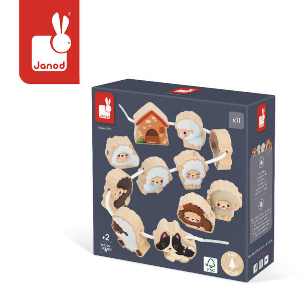 Edukacyjna Nawlekanka z drewnianymi owieczkami Farma 2 lata+, Janod