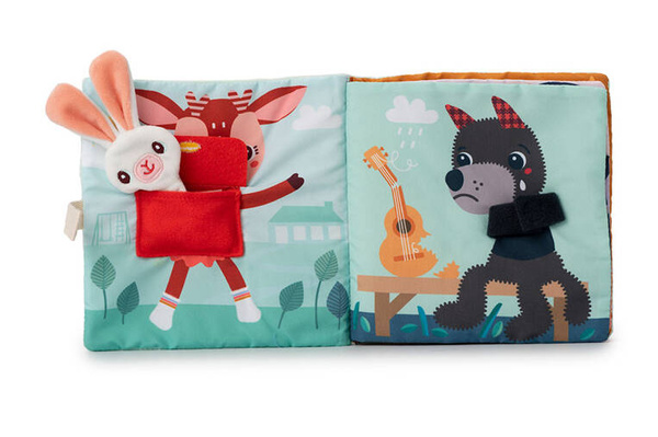 Miękka książeczka aktywizująca z mini-komforterem „Joe i jego przytulanka” 12 m+, Lilliputiens