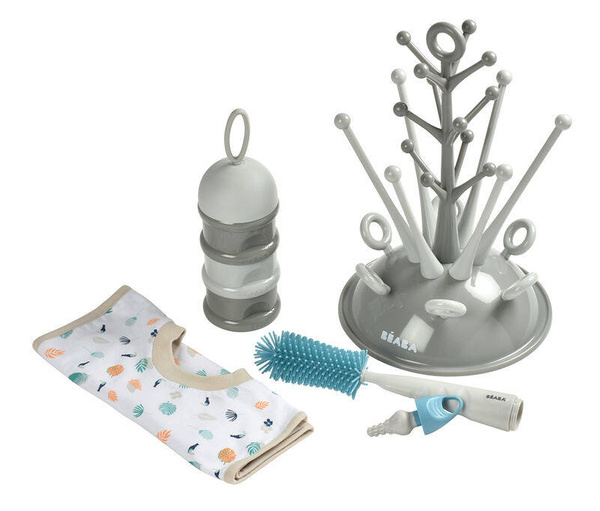 zestaw prezentowy dla noworodka (suszarka i szczotka do butelek, śliniak, pojemniki na mleko), Beaba