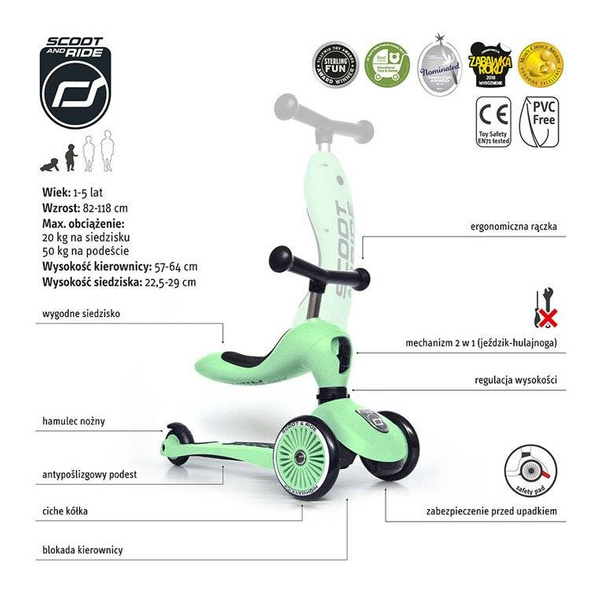 Scoot and Ride HK1 2w1 jeździk i hulajnoga dla dzieci 1-5 lat, kolor: Kiwi***OUTLET***