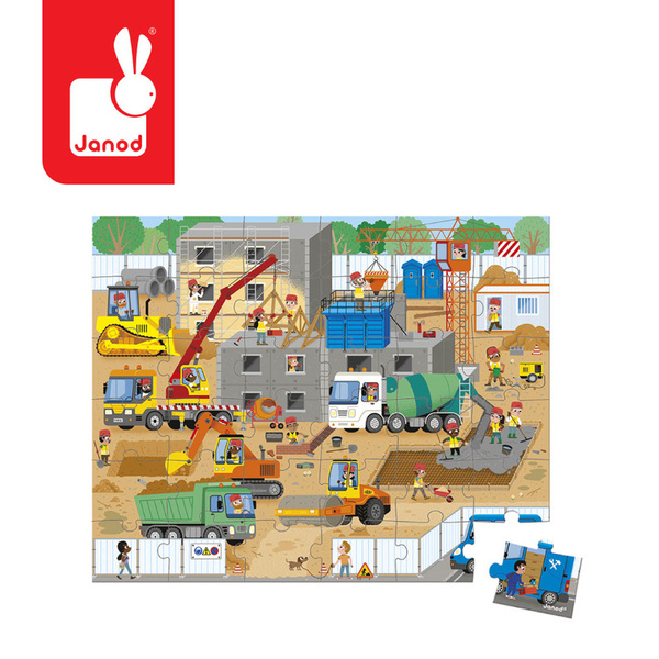 Puzzle w walizce Plac budowy, 36 elementów, dla dzieci, 4 lata+, Janod